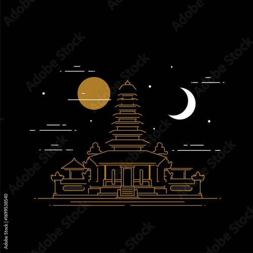 Golden Line Art Illustration of a Balinese Pura Temple with a Meru Tower at Night.