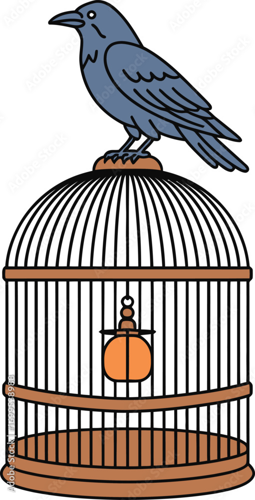 Fototapeta premium Blue bird perched on top of an empty birdcage vector