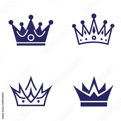 Four elegant dark blue crown illustrations suitable for royal and elegant themed designs