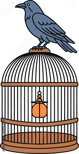 Blue bird perched on top of an empty birdcage vector