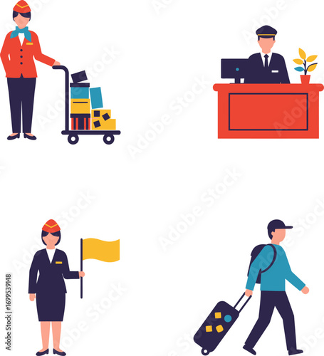Colorful flat vector illustration set of travel and hospitality characters: bellhop receptionist tour guide and tourist with luggage.