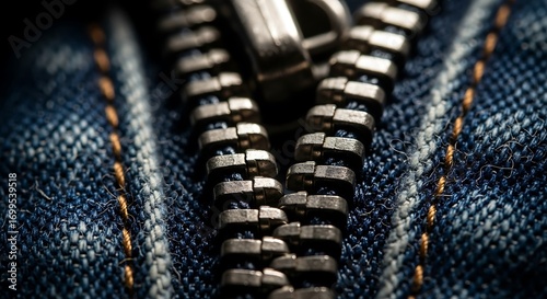 Detailed macro photograph of a strong metallic zipper on classic blue denim jeans, showcasing fabric texture and industrial design