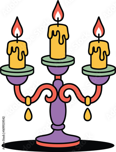 Three yellow candles in a purple candelabra with red accents