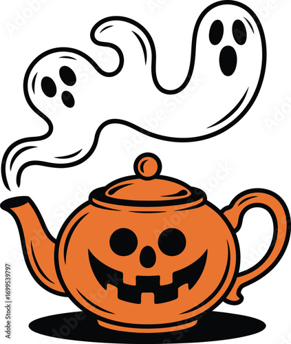 Orange pumpkin teapot with ghost above halloween