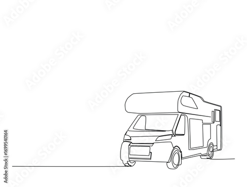 Continuous line art drawing of motor caravan vehicle. Camper van in single line art drawing vector illustration. Editable stroke.