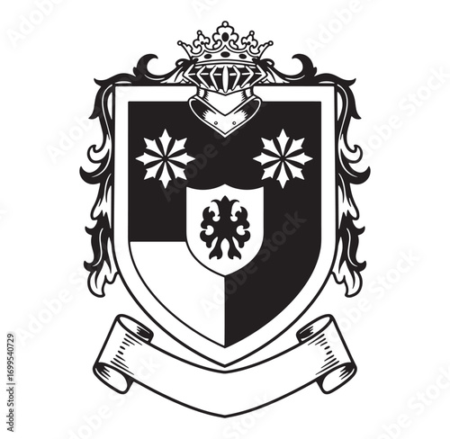 Classic heraldic coat of arms vector graphic featuring shield ornate flourishes and crown emblem