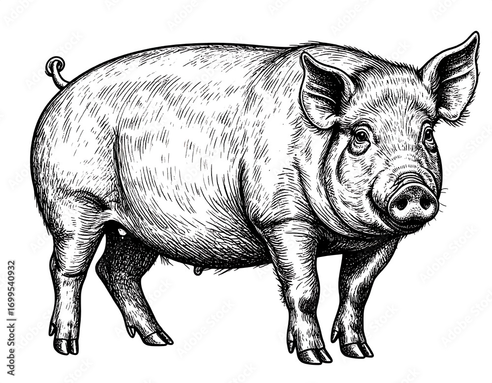 Fototapeta premium Detailed Engraving Illustration of a Farm Pig with Curious Expression