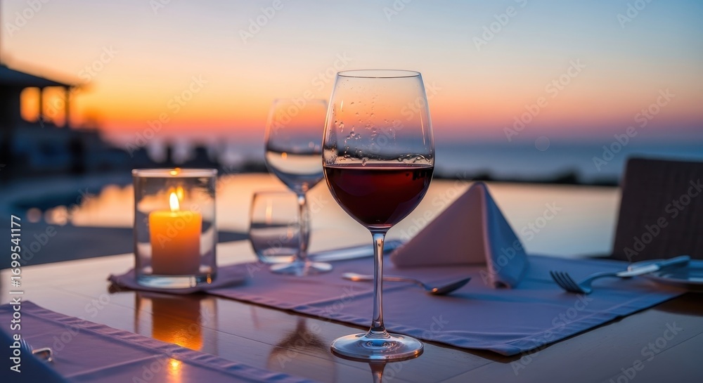 Obraz premium Romantic Dinner for Two at Sunset with Wine, Candle and Sea View