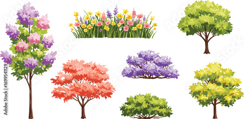 Colorful seasonal trees and flower bed collection, flat vector illustration of nature plants, spring summer autumn foliage, decorative landscape garden elements