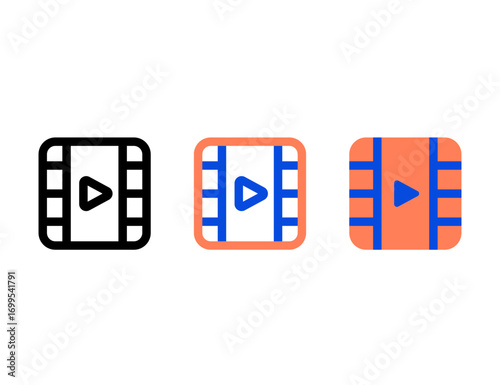 Three distinct play button icons on film strip backgrounds