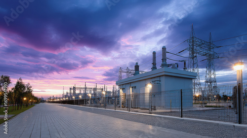 Electric power substation sunset with dramatic sky, high voltage towers, transmission lines, and modern infrastructure, calm and strategic