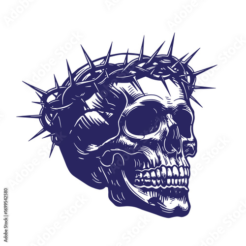 Intricate vector illustration of a skull adorned with a crown of thorns on white