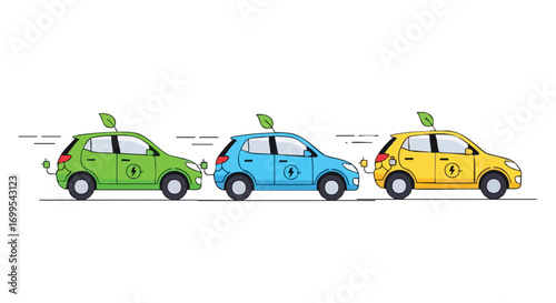 Illustrated electric vehicles in vibrant colors showcasing sustainable transportation and eco-friendly automotive technology for environmentally conscious campaigns and design projects