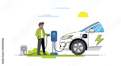 Illustration of a man charging an electric vehicle at a charging station with a modern design, ideal for showcasing eco-friendly transportation or sustainable energy solutions