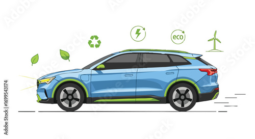 Modern Electric Car Illustration Showcasing Eco-Friendly Transportation and Sustainable Energy Solutions for Environmental Awareness Campaigns