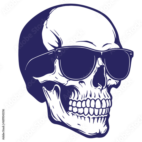 Intricate vector illustration of a skull wearing stylish sunglasses in a cool blue tone