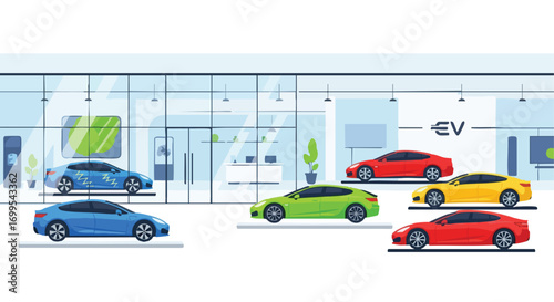 Electric vehicle showroom showcasing a selection of colorful modern cars, ideal for illustrations of sustainable transportation, automotive industry, or eco-friendly technologies.