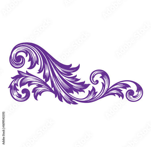 Elegant purple floral ornament design with intricate swirls and classic decorative elements