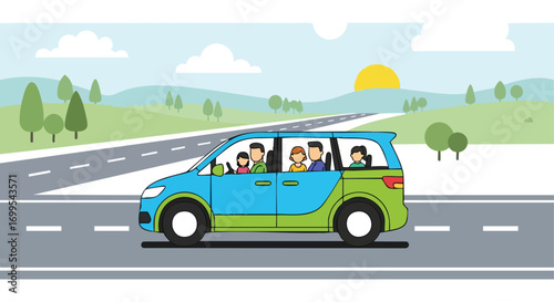 Family road trip illustration showing a minivan driving on a scenic highway, ideal for travel agencies, family vacation promotions, or transportation related designs