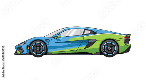 Sleek modern sports car illustration featuring vibrant blue and green color scheme on a white background, ideal for automotive design and promotional material