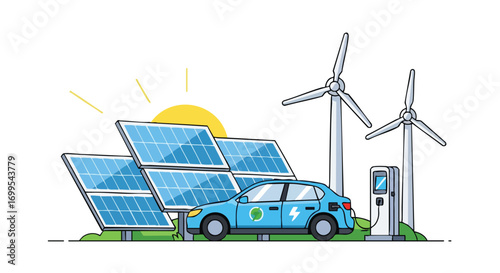 Sustainable energy infrastructure featuring solar panels, wind turbines, and electric car charging, for promoting renewable energy solutions and environmental awareness