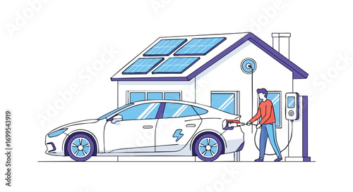 Electric vehicle charging at home with solar panels on the roof showcasing sustainable energy solutions and eco-friendly transportation methods for environmental awareness