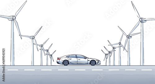 Electric vehicle driving on a road with wind turbines generating clean energy, for sustainable transportation and environmental protection projects