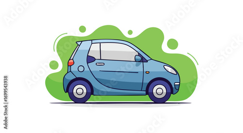 Cartoon illustration of a compact blue car with green background. Ideal for automotive design, transportation, and urban mobility concepts.