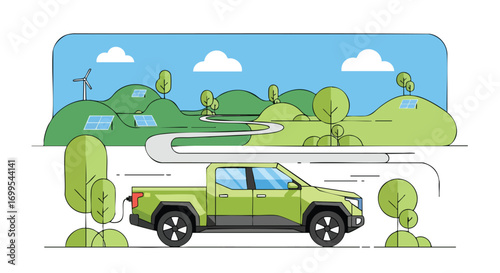 Green electric pickup truck charging in a nature scene, promoting sustainable transportation and renewable energy solutions for environmentally conscious consumers