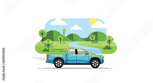 Blue pickup truck driving through a stylized green landscape with a winding river and sunny sky. Suitable for travel blogs, automotive advertisements, or environmental campaigns.