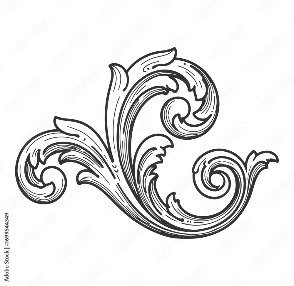 Fototapeta premium Elegant vector ornament design featuring intricate swirls and leafy flourishes in black and white