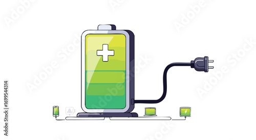 Green energy battery charging illustration conveying sustainability, efficiency, and future technology, suitable for presentations and educational materials.