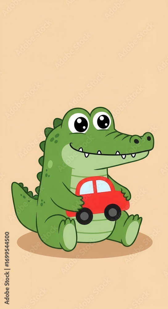 Obraz premium A cheerful cartoon crocodile holds a red toy car, showcasing a playful and endearing design.