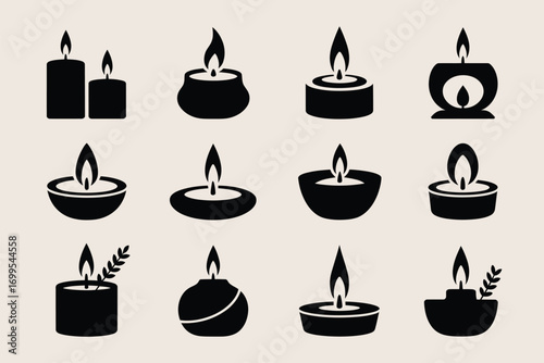 Black silhouette burning candles flame icons fire light