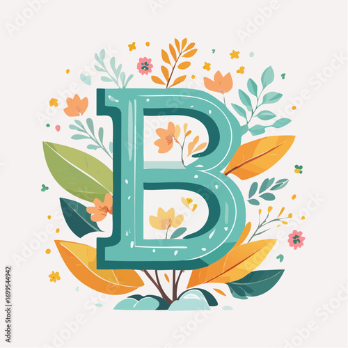 A teal capital letter B surrounded by colorful flowers, leaves, and foliage.