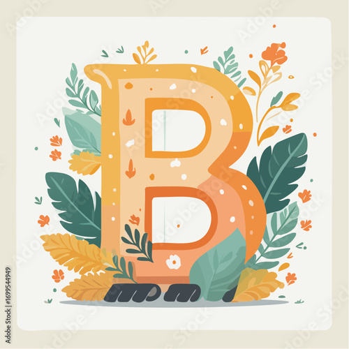 A stylized letter B adorned with vibrant floral and leaf motifs.