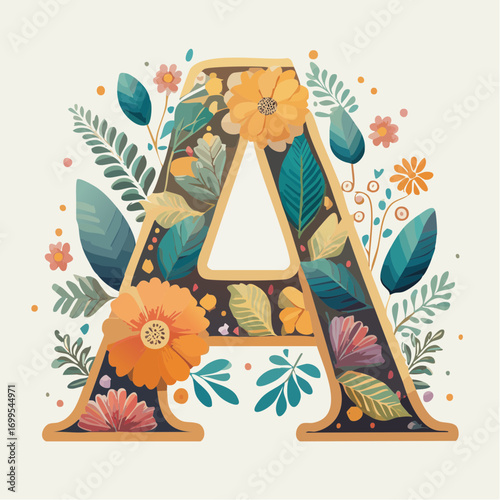 Decorative letter "A" adorned with colorful flowers, leaves, and botanical elements.