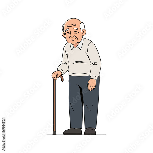 Full-length illustration of a frail elderly man with a walking cane, representing the challenges of aging, retirement, and senior health