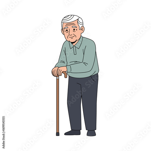 Vector illustration of an elderly gentleman standing with a walking cane, a concept for aging, retirement, and senior healthcare