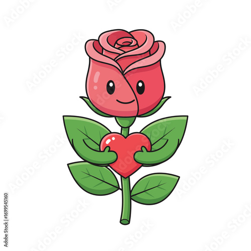 Charming and cute rose mascot illustration with a smiling face, holding a red love heart tenderly