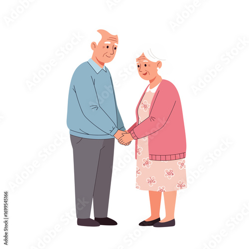 Loving senior couple holding hands. A heartwarming vector illustration of an elderly man and woman enjoying retirement together with a smile