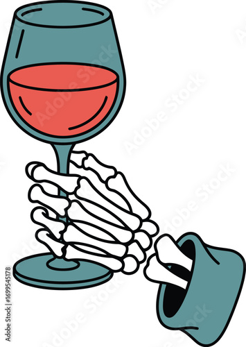 Skeleton hand holding glass of red wine vector