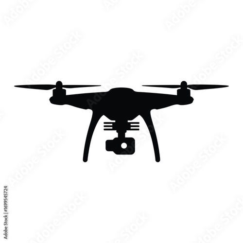 Black silhouette of a quadcopter drone with camera aerial vehicle rotor