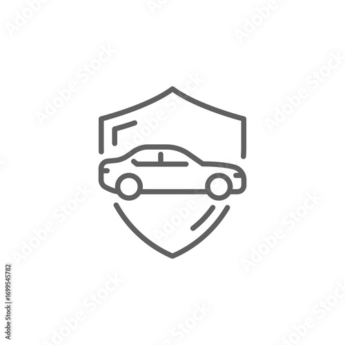 Shield and car icon. Simple outline style. Safety, protect, safe, secure, vehicle, auto, transport, insurance concept. Thin line symbol. Isolated design editable stroke.
