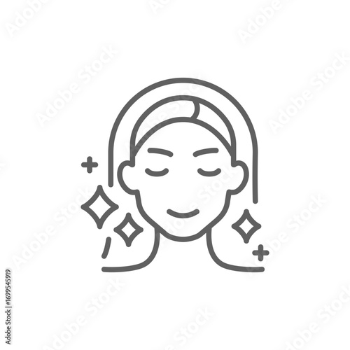 Aesthetic cosmetology icon. Simple outline style. Shiny skin, anti age skin care, happy woman, plastic surgery clinic concept. Thin line symbol. Isolated design editable stroke.