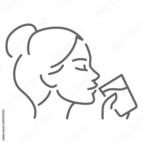 Woman drinking a glass of water icon. Simple outline style. Drink, mouth, face, person, girl, people, hand, skin, thirst, perfect, thirsty concept. Thin line symbol. Isolated design editable stroke.
