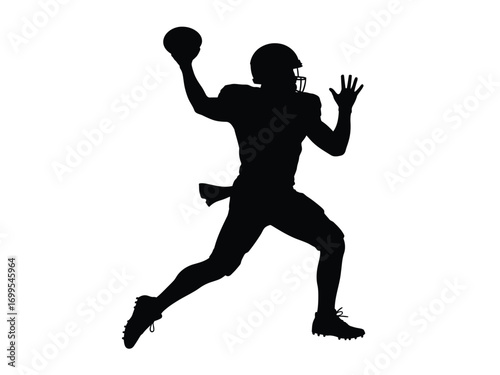 Black silhouette of football player throwing ball american football white background