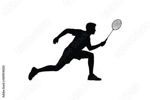 Black silhouette of male athlete playing badminton in motion player