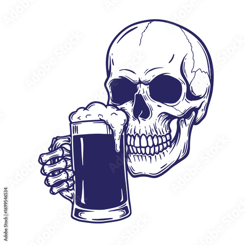 Skull with beer mug illustration depicting a celebration of brews and the afterlife concepts