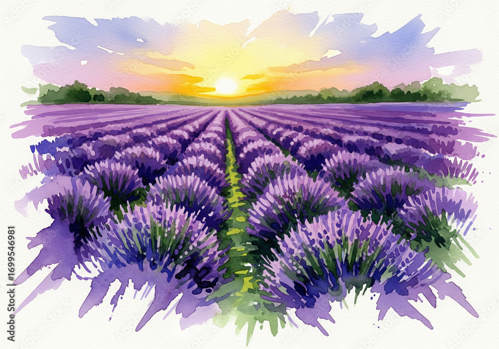 Obraz premium Watercolor Lavender Field, fading edges